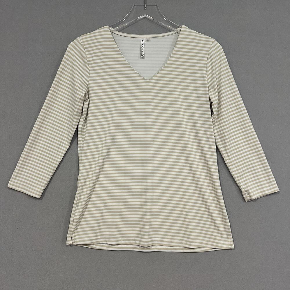 Lulu B Shirt Top XS Beige Striped Beach Coastal 3/4 Sleeve UPF V-Neck